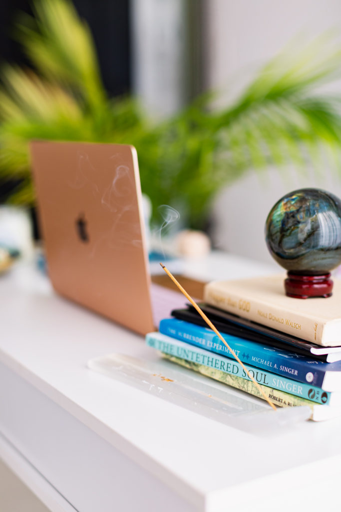 Aesthetic Desk Setup with Crystal Ball and Insence