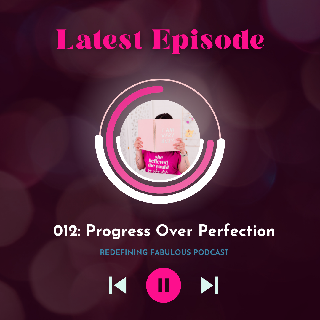 woman with nose in book with writing on its cover reading: I AM VERY BUSY. Photo of woman is inside circle above podcast number twelve titled: Progress Over Perfection