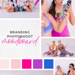 Mockup of hot pink, blue and purple color palette with photos of women in bright colored fitness clothes in bright white brick studio