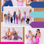 Fitness photoshoot of women posing in bright colored fitness clothes