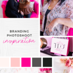 Grid of personal branding photos with pink and grey color pallete and sample photos of women and makeup studio