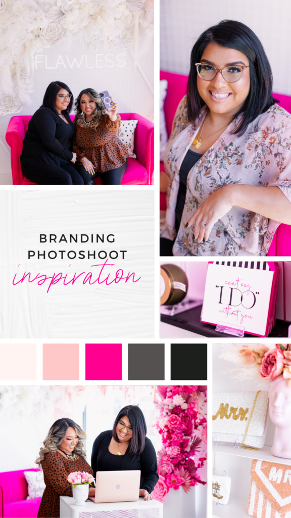Grid of personal branding photos with pink and grey color pallete and sample photos of women and makeup studio