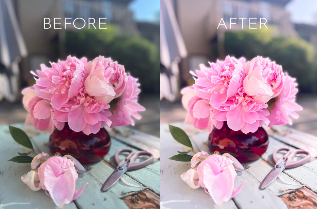 Screenshot of before and after flower product photos being edited in lightroom mobile app
