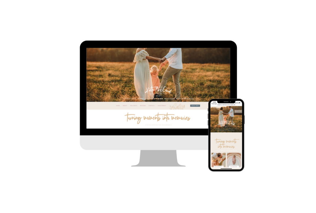 Updated website for Kate McCord Photography designed by This Way to Fabulous, shows on a desktop screen and a phone screen