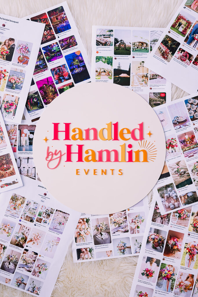 Vibrant and fun brand photo of mood boards behind a branded logo board for Handled by Hamlin Events, taken by This Way to Fabulous