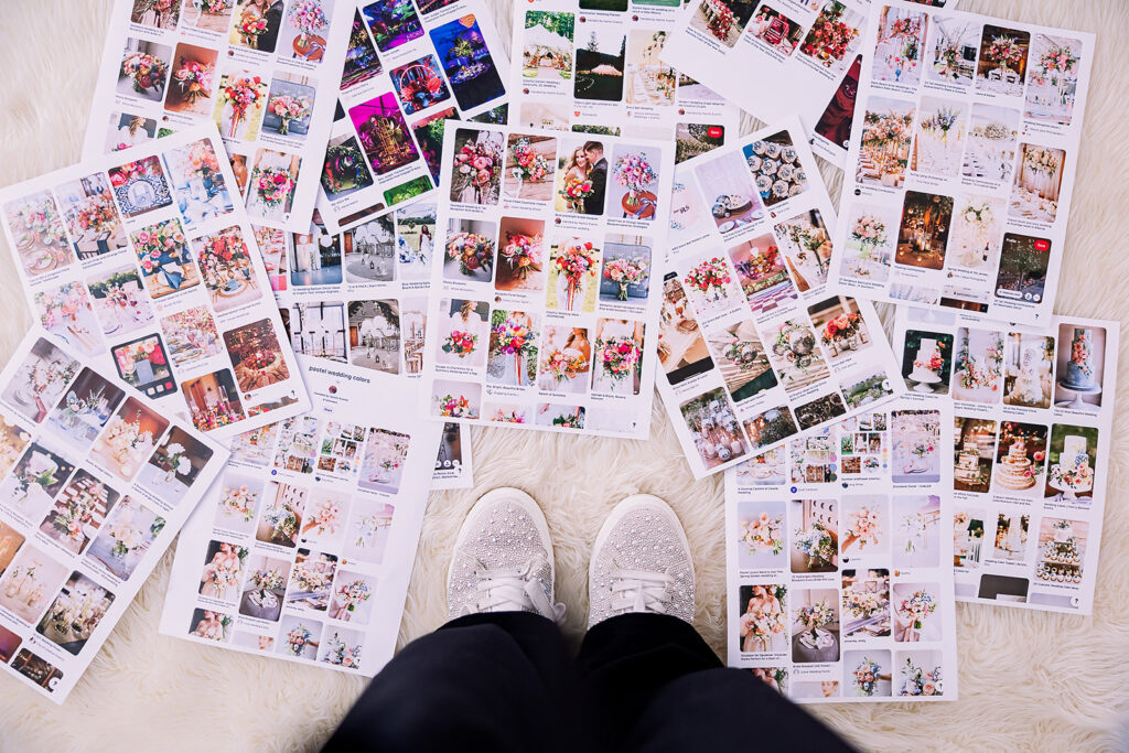 Vibrant and fun brand photo of a woman's sparkly white sneakers standing surrounded by mood boards, taken by This Way to Fabulous