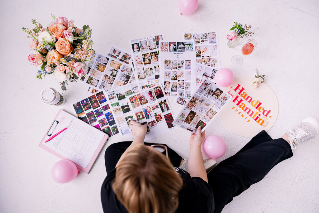 Vibrant and fun brand photo of a woman sitting surrounded by flowers, balloons, and mood boards, taken by This Way to Fabulous