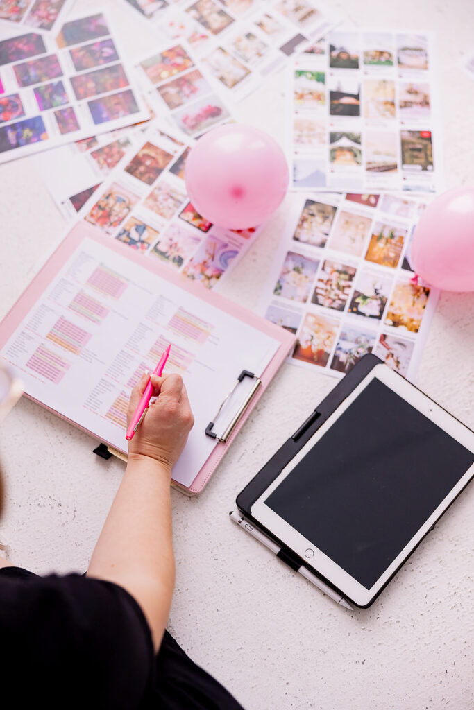 mood boards and wedding planning checklist on the ground