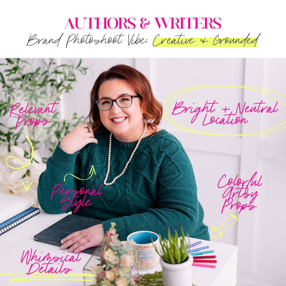 Infographic showing an author's branding photo with text notes about ideas for the branding photoshoot vibe