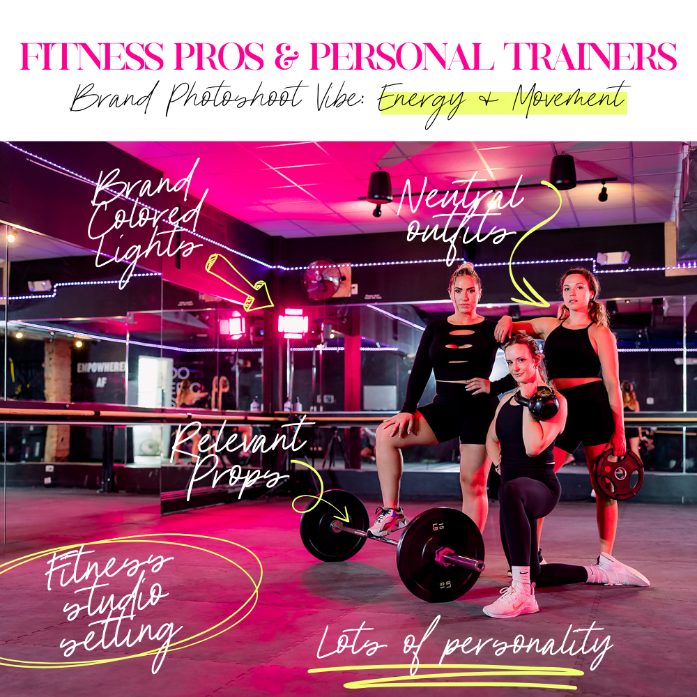 Infographic showing a fitness studio's branding photo with text notes about ideas for the branding photoshoot vibe