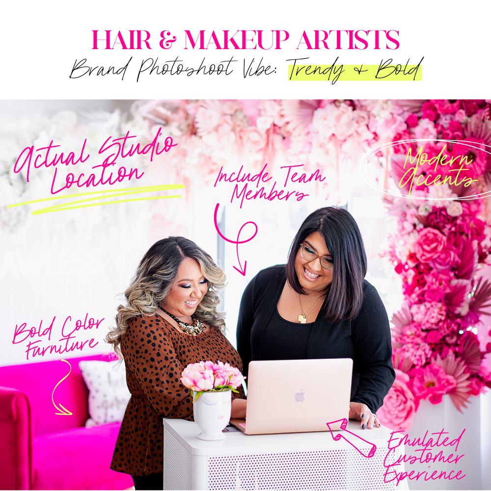 Infographic showing a hair and makeup artist's branding photo with text notes about ideas for the branding photoshoot vibe