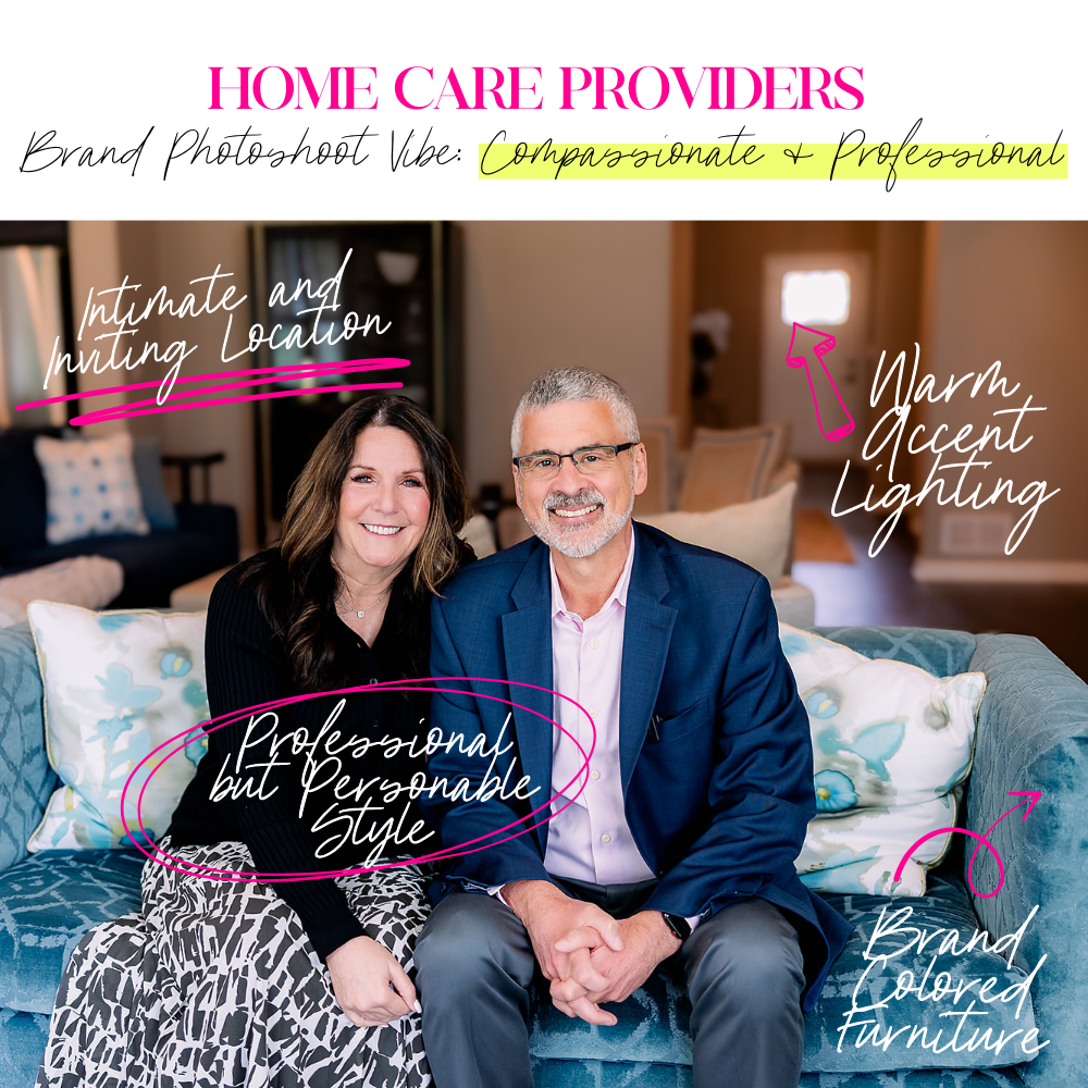 Infographic showing a home care provider's branding photo with text notes about ideas for the branding photoshoot vibe