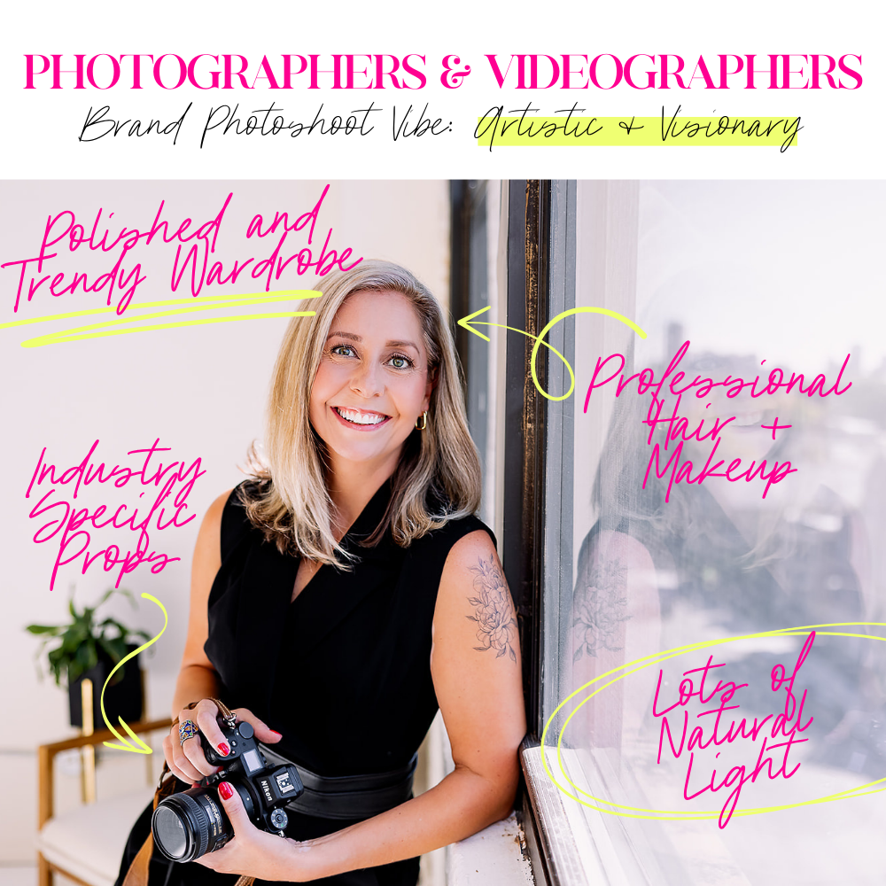 Infographic showing a photographer's branding photo with text notes about ideas for the branding photoshoot vibe