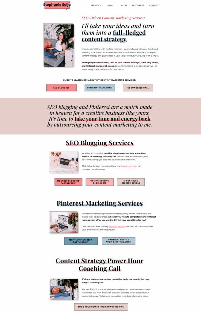 Stephanie Seija Content Marketing website featuring brand photos taken by This Way to Fabulous