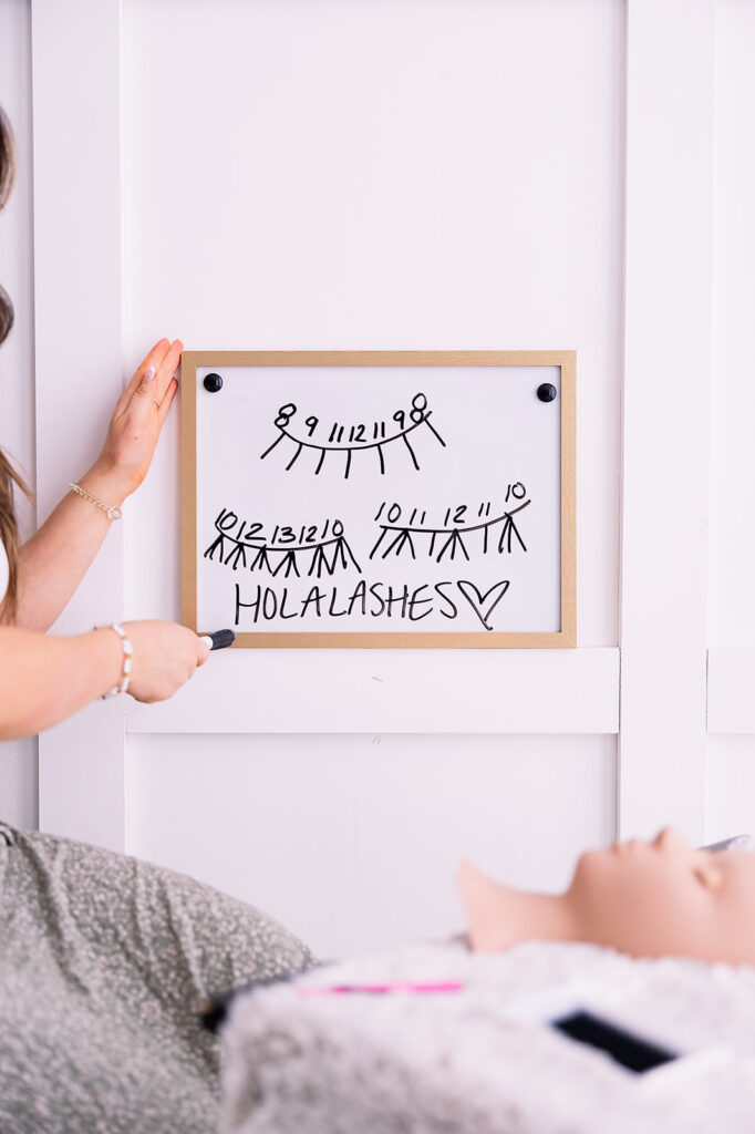 Branding detail image of a woman pointing to a whiteboard showing lash extension technique