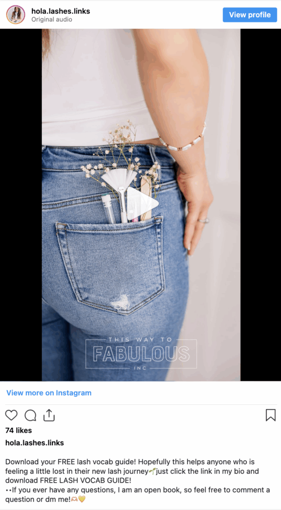 instagram post featuring a branding detail image of eyelash extension tools in the back pocket of a woman's jeans